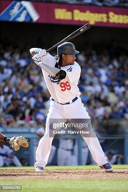 Manny Ramirez of the Los Angeles Dodgers at bat against the Detroit Tigers at Dodger Stadium on May 22, 2010 in Los Angeles, California.