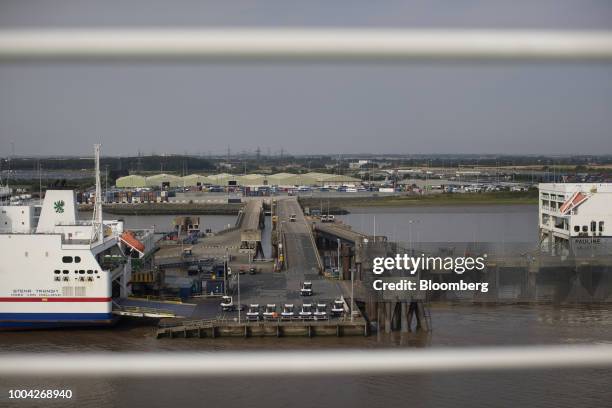 Roll-on roll-off cargo ships Stena Transit, operated by Stena Line AB, left, and Pauline, operated by Cldn Ro-Ro SA, sit moored at the Port of...