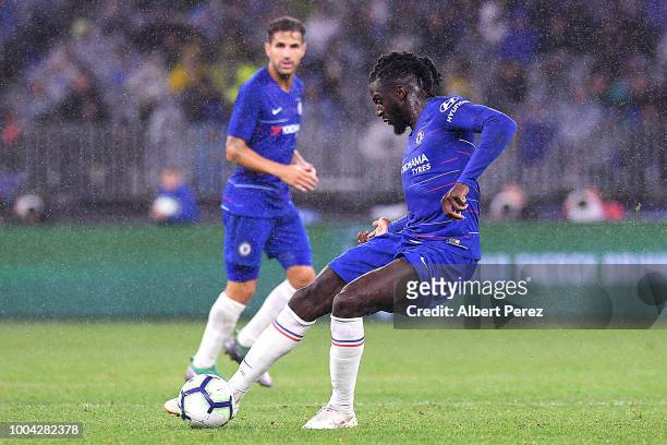 Tiemoue Bakayoko of Chelsea passes the ball during the international friendly between Chelsea FC and Perth Glory at Optus Stadium on July 23, 2018 in...