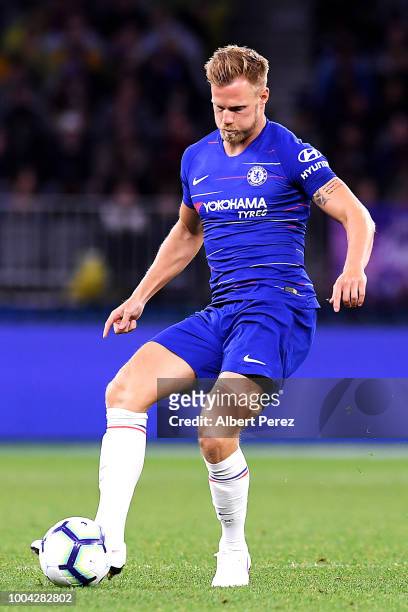 Tomas Kalas of Chelsea passes the ball during the international friendly between Chelsea FC and Perth Glory at Optus Stadium on July 23, 2018 in...