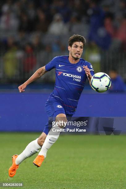 Lucas Piazon of Chelsea runs onto the ball during the international friendly between Chelsea FC and Perth Glory at Optus Stadium on July 23, 2018 in...