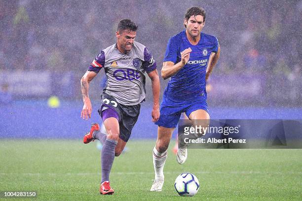 Fabio Ferreira of Perth Glory dribbles the ball during the international friendly between Chelsea FC and Perth Glory at Optus Stadium on July 23,...