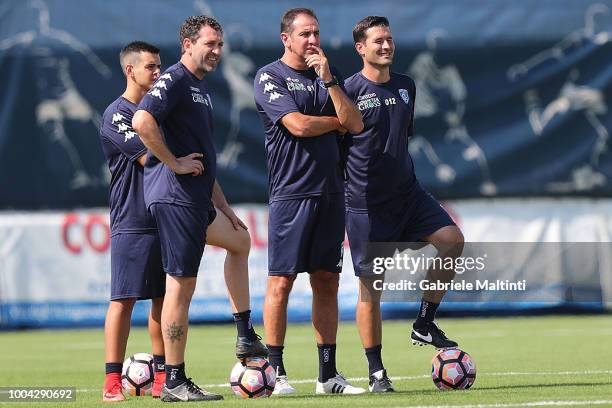 Lamberto Zauli and his staff manager of Empoli FC U19 look on during training session on July 23, 2018 in Empoli, Italy.