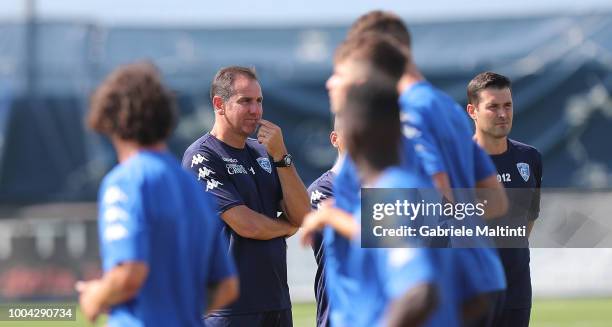 Lamberto Zauli manager of Empoli FC U19 look on during training session on July 23, 2018 in Empoli, Italy.