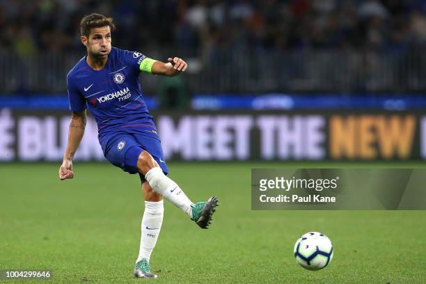 Cesc Fabregas of Chelsea passes the ball during the international friendly between Chelsea FC and Perth Glory at Optus Stadium on July 23, 2018 in...