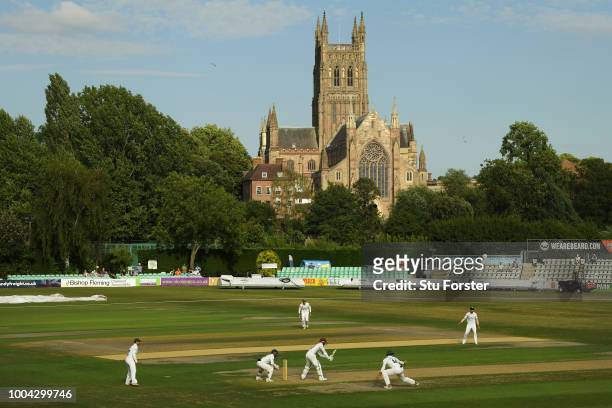 General view of the Somerset opening batsmen compiling their partnership in view of Worcester cathedral during Day two of the Specsavers County...