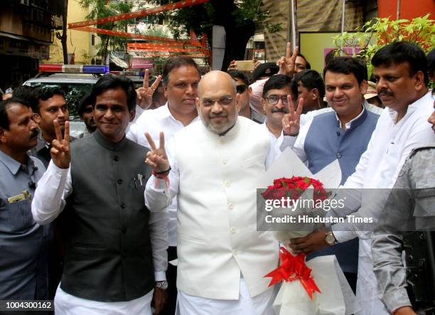 Maharashtra BJP President Raosaheb Danve, National President Amit Shah and Maharashtra Chief Minister Devendra Fadnavis arrived during the BJP state...