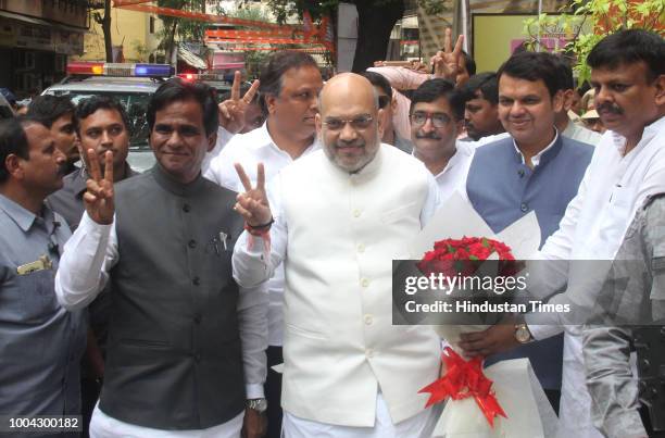 Maharashtra BJP President Raosaheb Danve, National President Amit Shah and Maharashtra Chief Minister Devendra Fadnavis arrived during the BJP state...