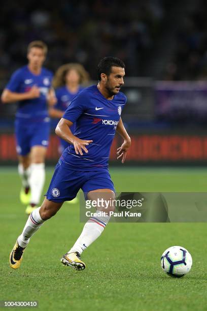Pedro of Chelsea runs onto the ball during the international friendly between Chelsea FC and Perth Glory at Optus Stadium on July 23, 2018 in Perth,...