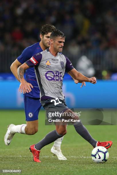 Fabio Ferreira of the Glory controls the ball against Marcos Alonso of Chelsea during the international friendly between Chelsea FC and Perth Glory...