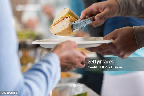 onherkenbaar voedselbank vrijwilliger serveert klant - papieren bord stockfoto's en -beelden