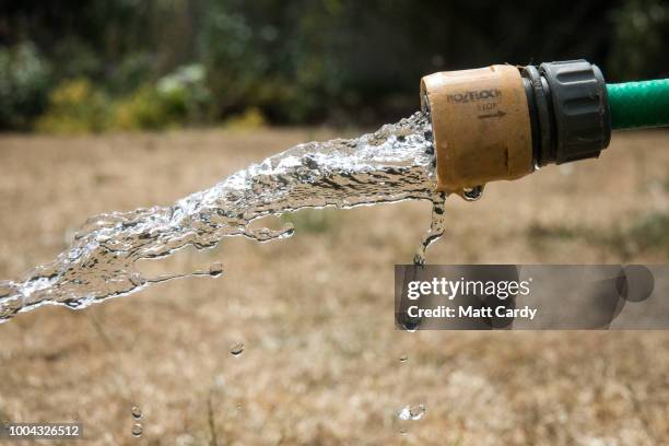 Hosepipe waters dry grass on a lawn in a garden in the village of Priston on July 23, 2018 near Bath, England. Seven million residents in the north...