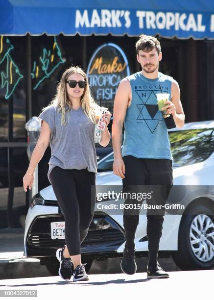 Hilary Duff and her boyfriend, Matthew Koma are seen on July 23, 2018 in Los Angeles, California.