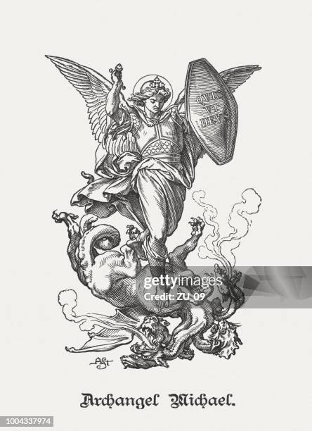 ilustraciones, imágenes clip art, dibujos animados e iconos de stock de grabado en madera archangel michael (apocalipsis 12, 7-12), publicado en 1890 - ángel