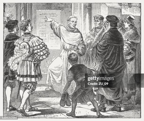 martin luther mit seinen 95 thesen in wittenberg 1517 - martin luther wittenberg stock-grafiken, -clipart, -cartoons und -symbole