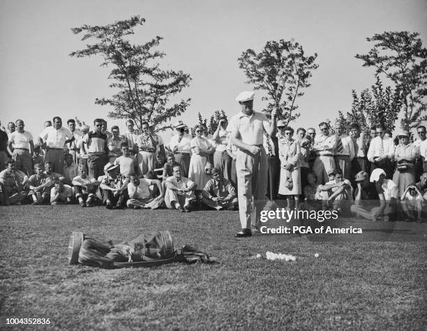 Byron Nelson hits a four iron on the eve of the United States Golf Association Junior Amateur Championship at the University of Illinois course at...