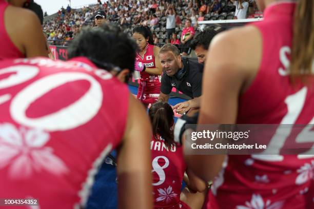 Anthony Farry of Japan talks to his players during the Pool D game between Australia and Japan of the FIH Womens Hockey World Cup at Lee Valley...
