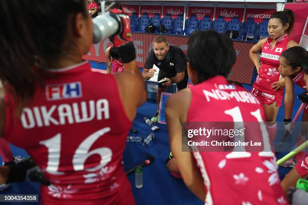 Anthony Farry of Japan talks to his players during the Pool D game between Australia and Japan of the FIH Womens Hockey World Cup at Lee Valley...