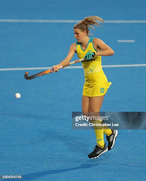 Maddy Fitzpatrick of Australia controls the ball in the air during the Pool D game between Australia and Japan of the FIH Womens Hockey World Cup at...