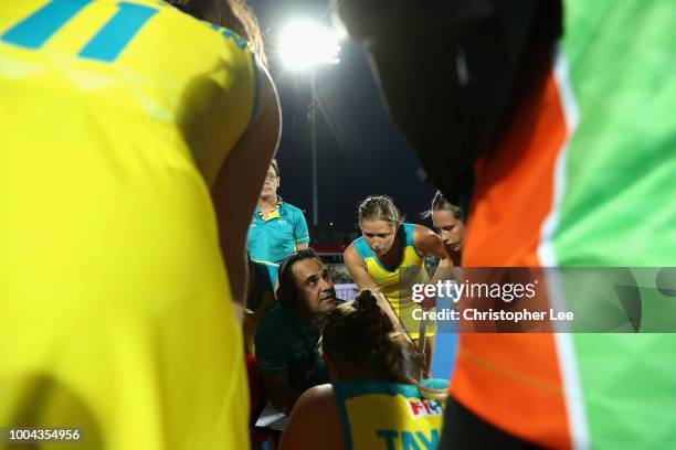 Paul Gaudoin of Australia talks to his players during the Pool D game between Australia and Japan of the FIH Womens Hockey World Cup at Lee Valley...