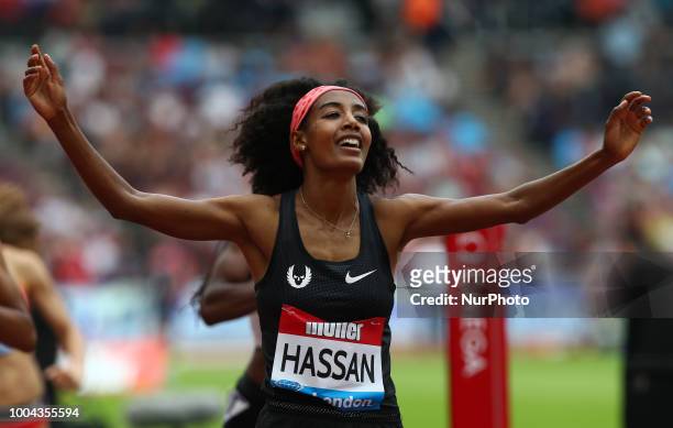 Sifan Hassan of Netherlands celebrates winning and World Record after in the 1 Mile Women Millicent Fawcett during the Muller Anniversary Games IAAF...