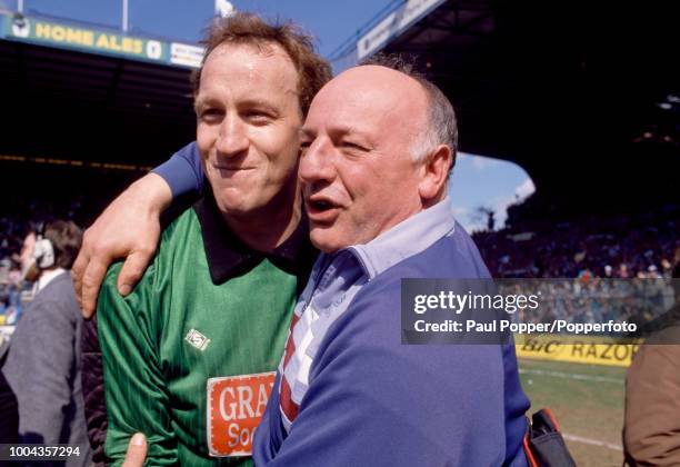 Coventry City manager John Sillett celebrates with goalkeeper Steve Ogrizovic after the FA Cup Semi Final between Coventry City and Leeds United at...