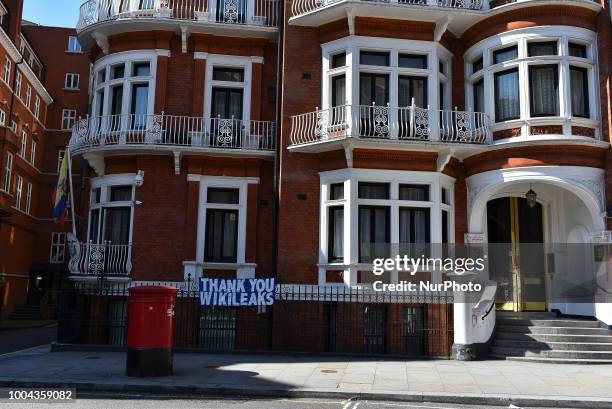 Demonstration took place in support of Julian Assange, outside the Ecuador's Embassy, in Central london on July 23, 2018. Ecuador is close to...
