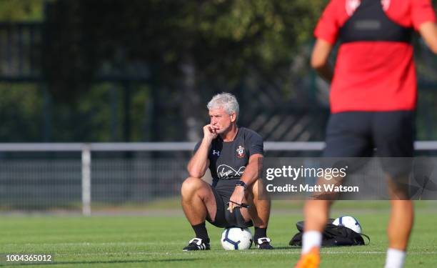 Manager Mark Hughes looks on as Southampton FC take part in their first day of their pre-season training camp, on July 23, 2018 in Evian-les-Bains,...