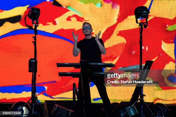 Keyboarder Andrew Fletcher of Depeche Mode performs live on stage during a concert at Waldbuehne on July 23, 2018 in Berlin, Germany.