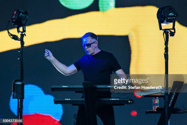 Keyboarder Andrew Fletcher of Depeche Mode performs live on stage during a concert at Waldbuehne on July 23, 2018 in Berlin, Germany.