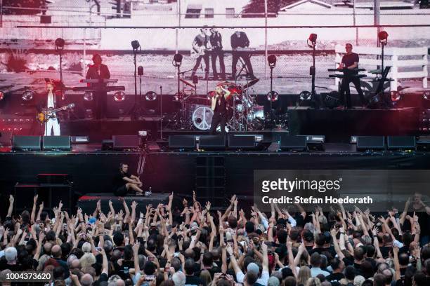 Martin Gore, Peter Gordeno, Dave Gahan and Andrew Fletcher of Depeche Mode perform live on stage during a concert at Waldbuehne on July 23, 2018 in...