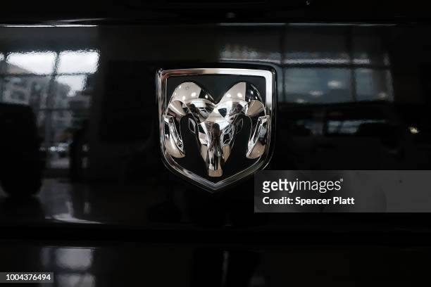 Truck logo is displayed on a truck at a Manhattan Fiat Chrysler dealership on July 23, 2018 in New York City. Shares in Fiat fell 2.7% in early...