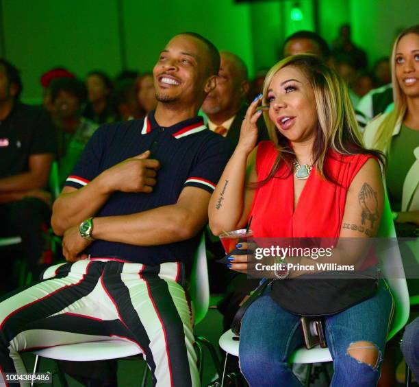 Rapper/actor Tip 'T.I.' Harris and Tameka 'Tiny' Harris attend 'The Grand Hustle' Exclusive Viewing Party at at The Gathering Spot on July 19, 2018...