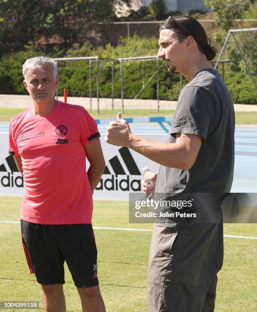 Zlatan Ibrahimovic chats to Manchester United Manager / Head Coach Jose Mourinho during a Manchester United pre-season training session at UCLA on...