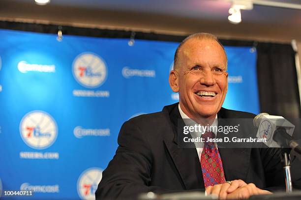 Doug Collins speaks with the media after being named the new coach of the Philadelphia 76ers during the press conference on May 24, 2010 at the...