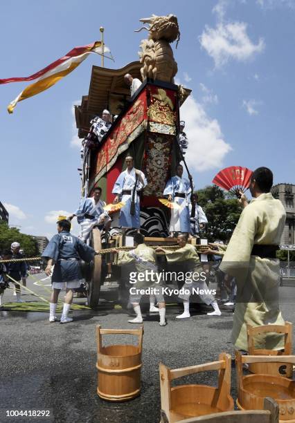 Decorated float is seen during the Yamahoko Junko, a parade that is part of Kyoto's traditional Gion Festival, on July 24, 2018. The festivities are...