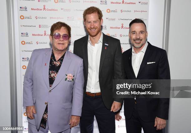 Sir Elton John, Prince Harry, Duke of Sussex, and David Furnish attend the Launch of the Menstar Coalition To Promote HIV Testing & Treatment of Men...