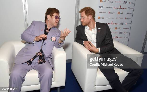 Sir Elton John and Prince Harry, Duke of Sussex attend the Launch of the Menstar Coalition To Promote HIV Testing & Treatment of Men on July 24, 2018...