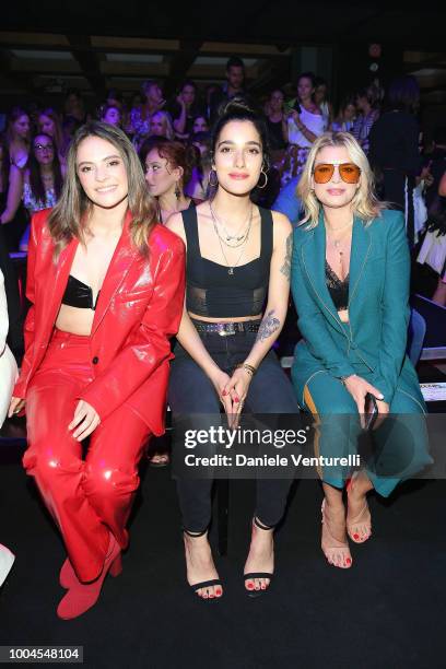 Singers Francesca Michielin, Levante and Emma Marrone attend the Tezenis show on July 24, 2018 in Verona, Italy.