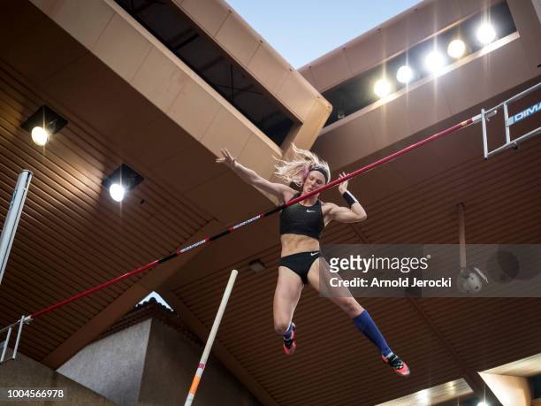 Sandi Morris of the US clears the bar as she competes in the women's pole vault at the IAAF Diamond League athletics 'Herculis' meeting at The Stade...