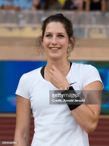 Eliza McCartney of New Zealand before she competes in the women's pole vault at the IAAF Diamond League athletics 'Herculis' meeting at The Stade...