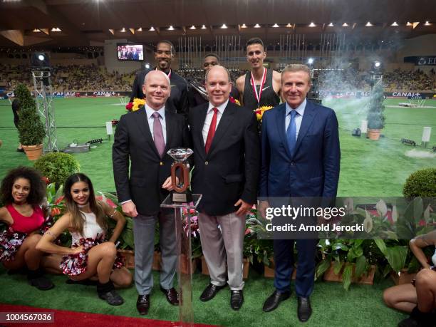 Gregor Bencina EBS president, HSH Prince Albert II of Monaco, and Sergey Bubka attend the IAAF Diamond League athletics 'Herculis' meeting at The...