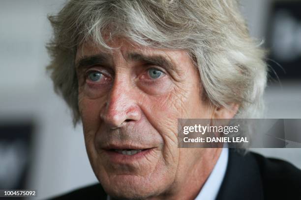 West Ham United's Chilean manager Manuel Pellegrini attends a press conference at the unveiling of the club's new manager and newly signed players,...