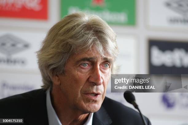 West Ham United's Chilean manager Manuel Pellegrini attends a press conference at the unveiling of the club's new manager and newly signed players,...