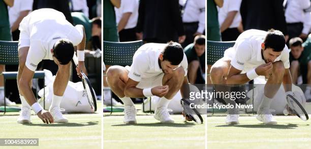 Combined photo shows Novak Djokovic of Serbia, in his ritual at Wimbledon, eating grass after winning the men's single final against Kevin Anderson...