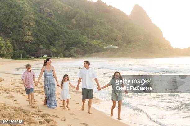 familia de cinco caminando por la playa juntos cogidos de la mano - na pali fotografías e imágenes de stock