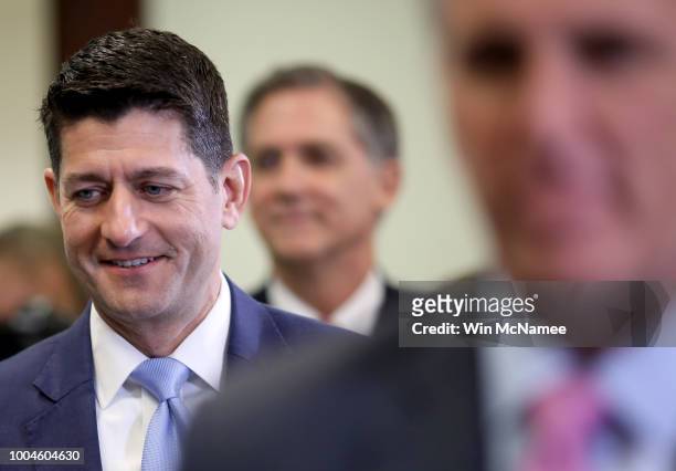 Speaker of the House Paul Ryan arrives for a weekly press conference with Republican House leaders at the U.S. Capitol July 24, 2018 in Washington,...
