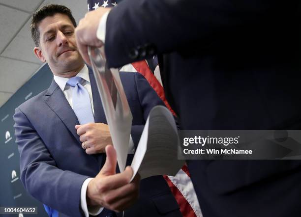 Speaker of the House Paul Ryan participates in a weekly press conference with Republican House leaders at the U.S. Capitol July 24, 2018 in...