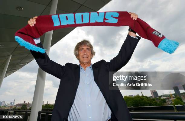 Manuel Pellegrini of West Ham United at the Press Conference to officially unveil the club's new manager and newly signed players Felipe Anderson and...