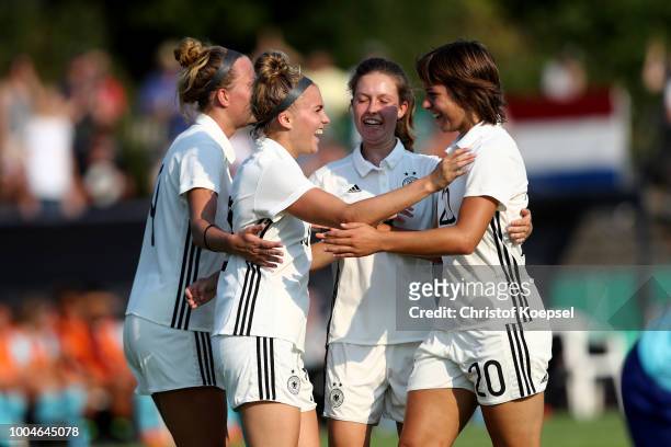 Laura Freigang celebrates the first goal with Jana Feldkamp and Lena Sophie Oberdorf during the friendly match between Germany U20 Girl's and the...
